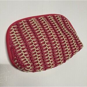 Benefit Cosmetics Makeup Bag Pink Tan Strip Woven Straw
